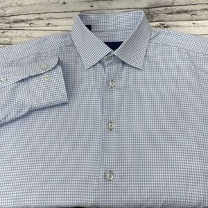 David Donahue Men's Cotton Blue White Micro Herringbone Dress Shirt 17 32/33